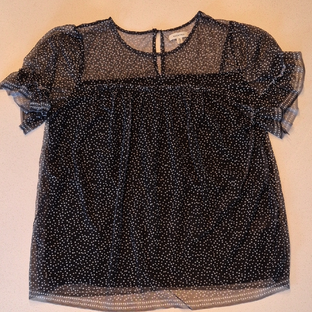 Max Studio Black Sheer Polka Dot Short Sleeve Blouse